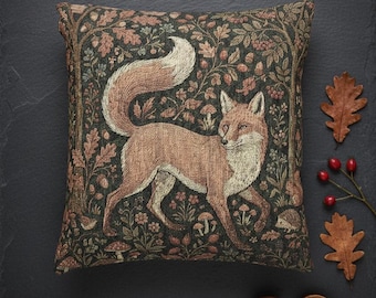 Medieval Millefleur Fox Woven Tapestry Cushion Cover | William Morris Inspired | Cottagecore Woodland Botanical Pillow | Fox Lover Gift