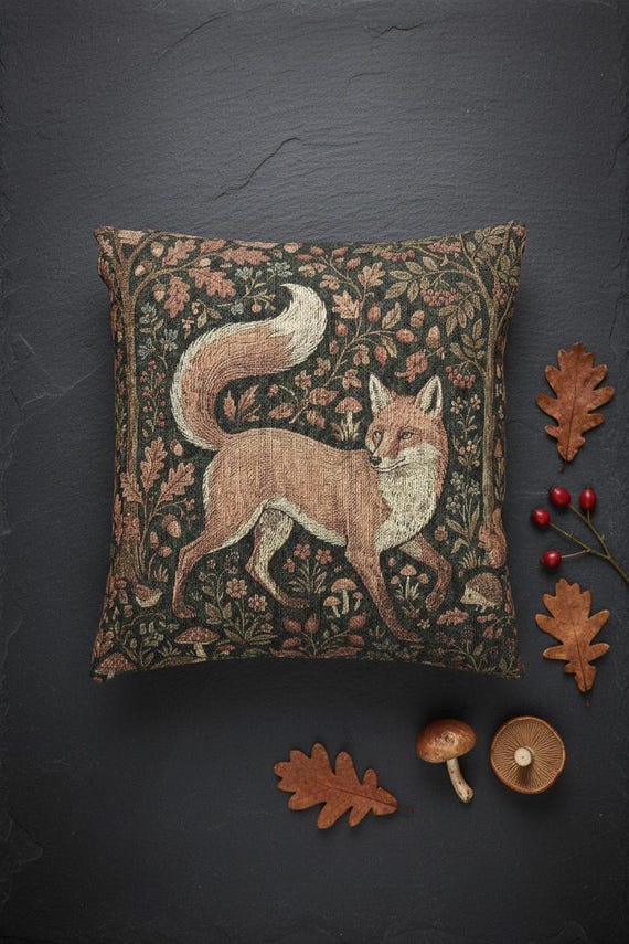 Medieval Millefleur Fox Woven Tapestry Cushion Cover | William Morris Inspired | Cottagecore Woodland Botanical Pillow | Fox Lover Gift