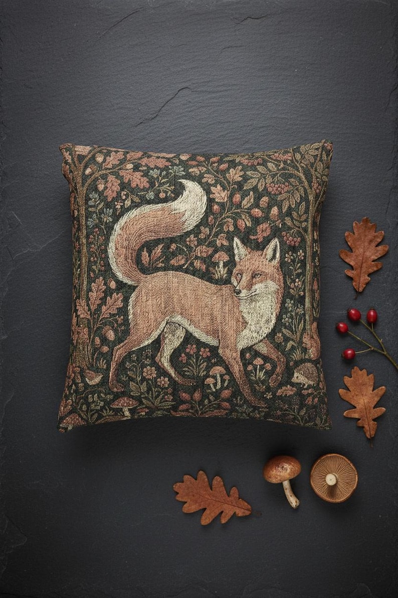 Medieval Millefleur Fox Woven Tapestry Cushion Cover | William Morris Inspired | Cottagecore Woodland Botanical Pillow | Fox Lover Gift image 1