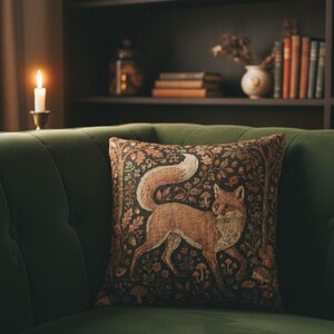 Medieval Millefleur Fox Woven Tapestry Cushion Cover | William Morris Inspired | Cottagecore Woodland Botanical Pillow | Fox Lover Gift image 4