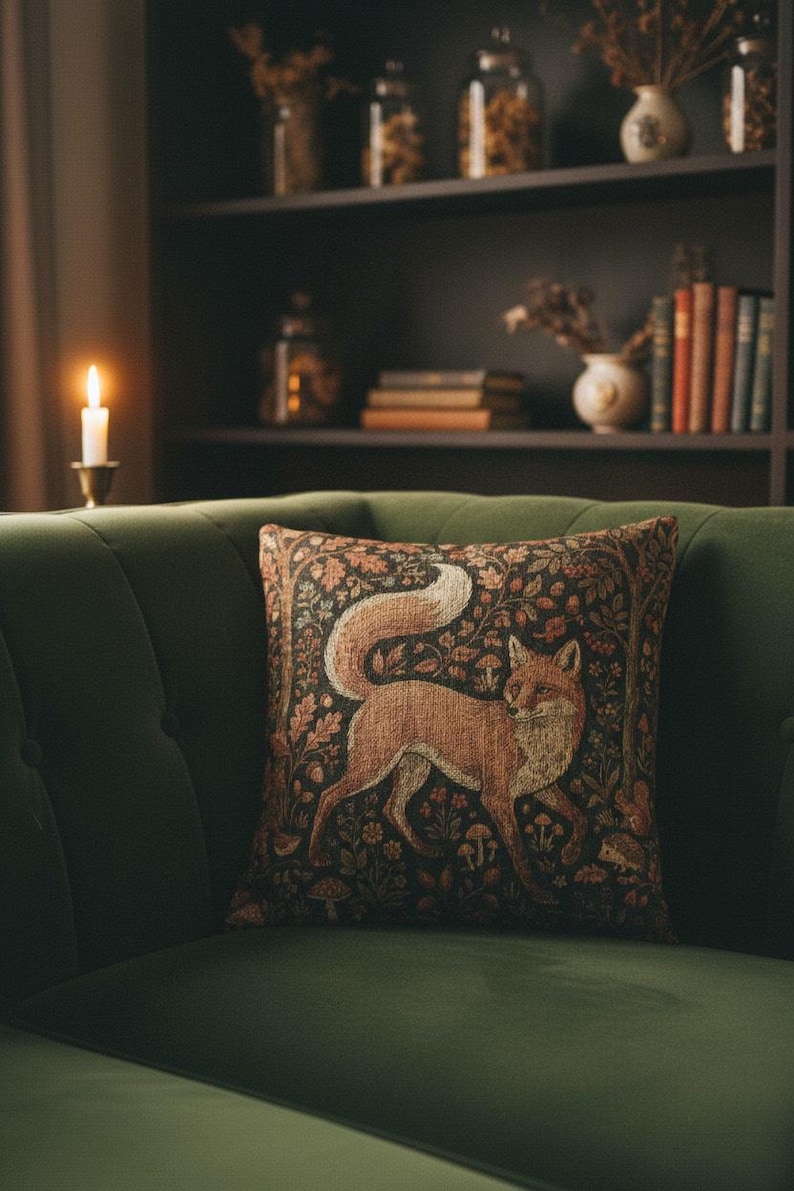 Medieval Millefleur Fox Woven Tapestry Cushion Cover | William Morris Inspired | Cottagecore Woodland Botanical Pillow | Fox Lover Gift image 4