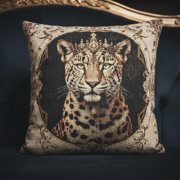 Cojín tejido de reina de leopardo / Cojín tapiz de filigrana de animales regio / Decoración gótica para el hogar de Dark Academia / Cojín maximalista con estilo