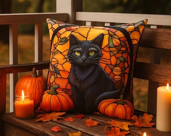 Stained Glass Black Cat & Pumpkin Pillow | Gothic Halloween Cushion 18×18 20×20in | Witchy Orange Fall Home Décor | Cottagecore Autumn Gift