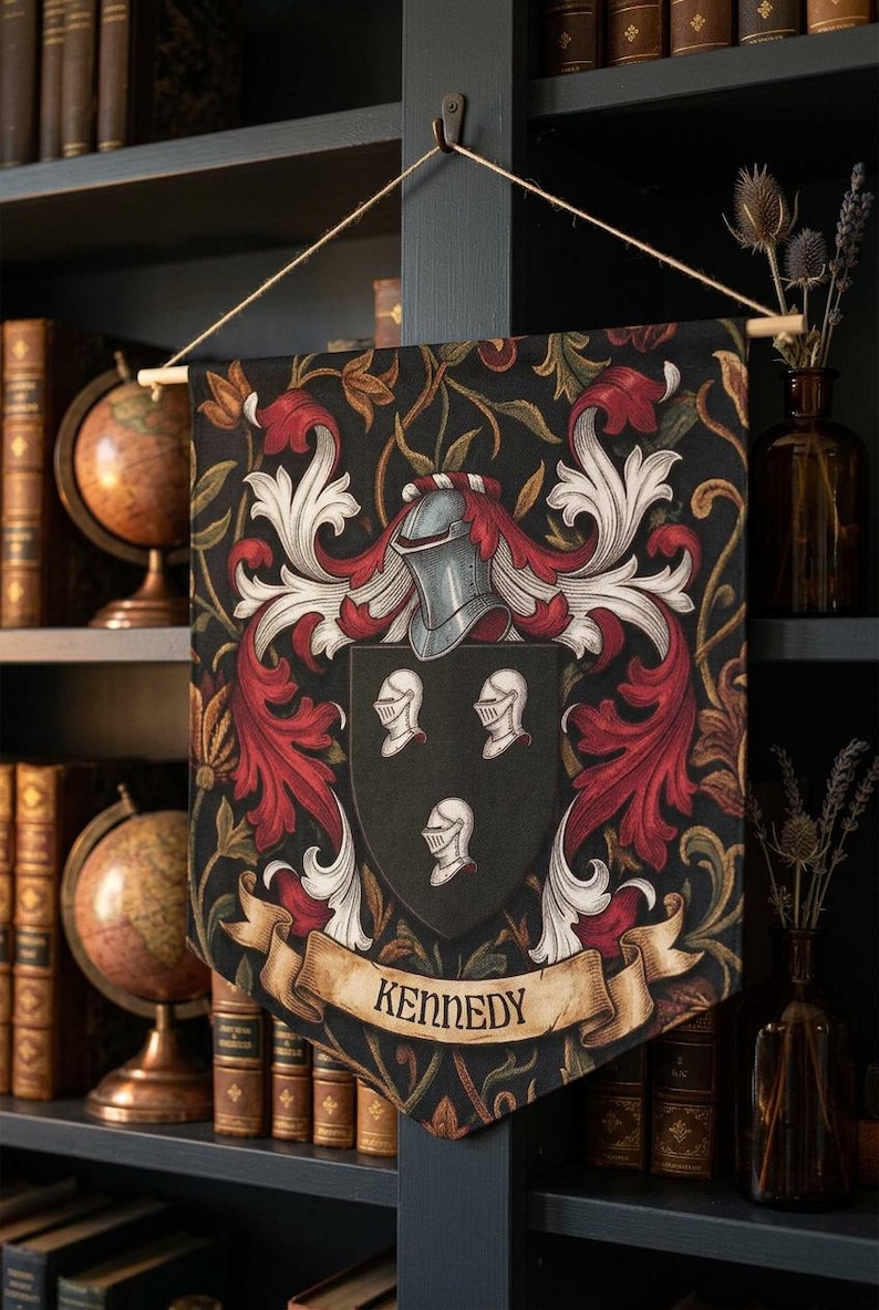 May include: A decorative banner featuring a family crest with the name "Kennedy" on a scroll. The crest includes a helmet, shields, and ornate red and white floral designs against a black background. The banner hangs in front of a bookshelf.