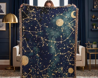 Zodiac Constellation Celestial Woven Blanket | Starry Night Sky Astrology Throw | Sun Moon Stars Cotton Tapestry | Cosmic Boho Home Decor