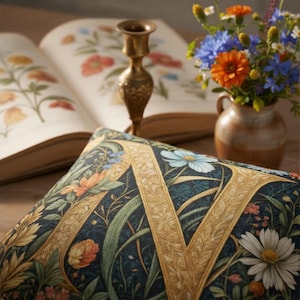 Könnte beinhalten: Dekoratives Kissen mit einem dunkelblauen Blumenmuster und einem großen goldenen Buchstaben "V". Das Kissen ist mit Blumen in Orange-, Weiß- und Blautönen verziert. Ein Vintage-Messing-Kerzenhalter und eine Blumenvase befinden sich im Hintergrund.