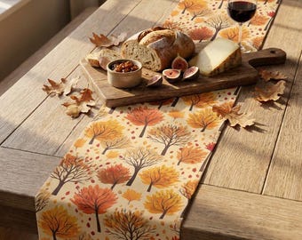 Autumn Tree Table Runner | Fall Woodland Dining Decor | Thanksgiving Farmhouse Centerpiece | Orange Cream Brown Harvest Hostess Gift