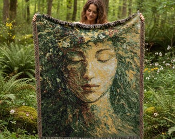Gaia Mother Earth Green Woven Blanket | Nature Goddess Tapestry Throw | Spiritual Boho Blanket | Earth Goddess Art | Mythology Wall Decor