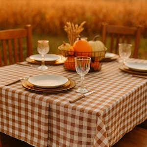 May include: A table set for a fall gathering, featuring a brown and white checkered tablecloth. The table is set with plates, glasses, and silverware. A basket of pumpkins and gourds sits in the center, with a warm, golden-hour glow.