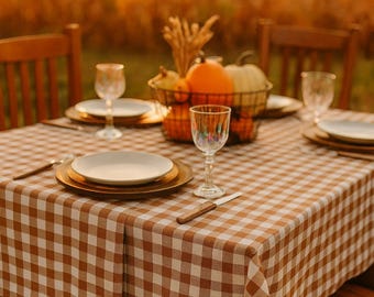 Coffee Brown & White Gingham Tablecloth | 58×58" Square 58×102" Rectangle | Rustic/Farmhouse/Thanksgiving Autumn Everyday Dining Linen