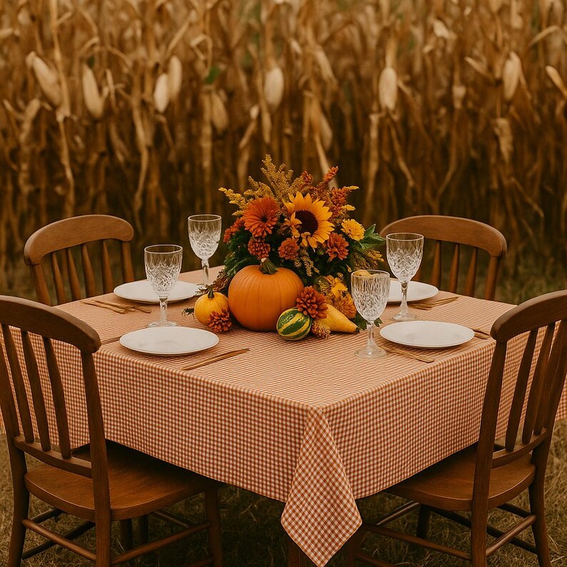 Pumpkin Orange & White Gingham Tablecloth | 58×58" 58×102" Fall/Thanksgiving/Rustic Farmhouse Dining Linen | Autumn Cotton Table Decor image 2
