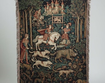 Mittelalterliche Jagd-Tapisserie gewebte Decke | Gothic Jagdszene Baumwollüberwurf | Castlecore Dark Academia | Chateaucore Wand & Wohnkultur Geschenk