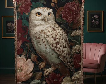 Floral White Owl Woven Throw Blanket | Botanical Flower Owl Design Blanket | Decorative Sofa Couch Throw | Nature Inspired Home Decor Gift
