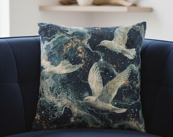 Celestial White Bird Woven Tapestry Cushion Cover | Navy Blue Gold Mystical Dove Pillow | Coastal Whimsigoth Decor | Seabird Art Lover Gift