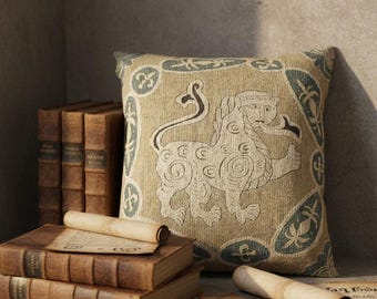 Medieval Lion Woven Cushion | Heraldic Neutral Gothic Tapestry Pillow | Romanesque Bestiary Beast | Dark Academia Medieval Home Decor Accent