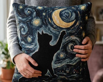 Black Cat Starry Night Blue Cushion | Celestial Cat Pillow | Van Gogh Inspired Cat Decor | Witchy Cat | Gothic Cat Cushion | Cat Lover Gift