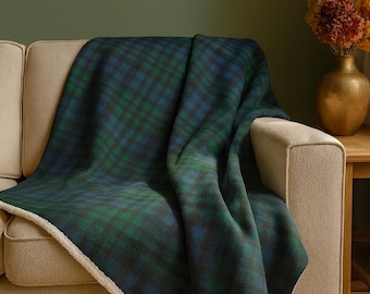 Manta de sherpa con estampado de tartán azul y verde Heritage / Manta acogedora de cuadros escoceses / Manta clásica de cuadros y polar blanco / Regalo navideño de estilo cottagecore