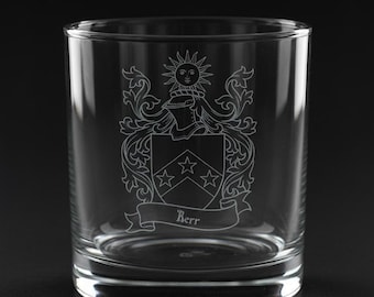 Family Crest Whiskey Glass | Engraved Coat of Arms Glass | Personalized Heraldic Whisky Glass | Custom Surname Gift | Scotch Bourbon Glass
