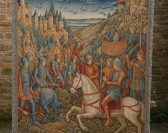 Koc z gobelinem z motywem średniowiecznej bitwy | Tkany pled z motywem rycerzy, zamków i heraldyki | Dekoracja w stylu dark fantasy | Prezent na ścianę w stylu Castlecore
