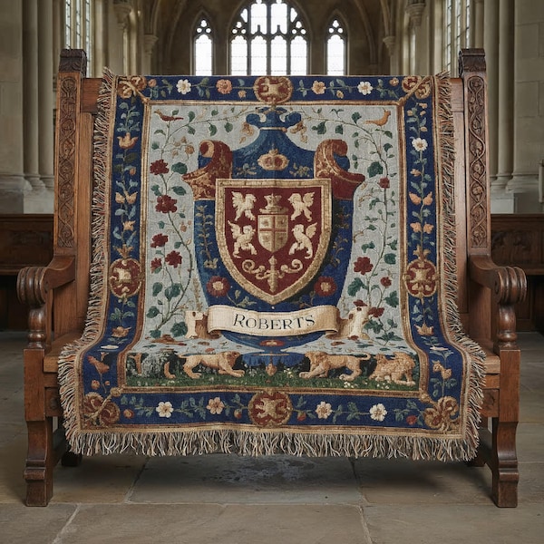 Personalized Heraldic Shield Woven Blanket | Custom Family Crest Surname Scroll Ribbon | Medieval Tapestry Style Throw | 50×60" or 60×80"