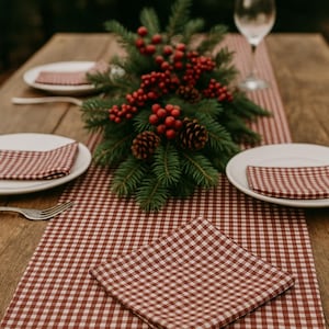 May include: A festive table setting with a red and white checkered table runner and matching napkins. A centerpiece of evergreen branches, red berries, and pine cones sits between two white plates. A wine glass is visible.