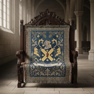 May include: A dark wooden throne with an ornate back and armrests. A blue tapestry with a crest design featuring a helmet, cross, and the name "WADE" is draped over the seat. The tapestry has gold and cream-colored accents.