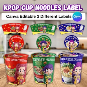 Puede incluir: Tres etiquetas de fideos KPOP en taza con diferentes sabores: Spice Queen, Humburger y Superstar. Cada taza presenta un personaje de dibujos animados y el nombre del sabor. Las etiquetas son editables en Canva.