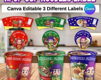 Kpop Demon Hunters Cup Noodle Labels | Ramyeon | Rumi Mira Zoey | Kpop-feestje | Afdrukbaar pakket | Bewerkbaar canvas