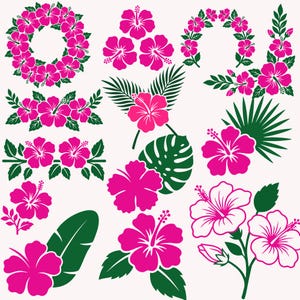 May include: A collection of pink hibiscus flower illustrations with green leaves and tropical foliage. The designs include wreaths, borders, and individual flower and leaf arrangements, perfect for crafting and design projects.