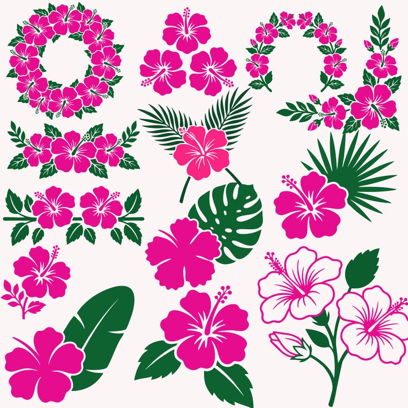 May include: A collection of pink hibiscus flower illustrations with green leaves and tropical foliage. The designs include wreaths, borders, and individual flower and leaf arrangements, perfect for crafting and design projects.