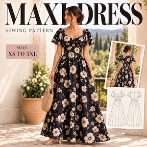 May include: A black maxi dress sewing pattern featuring a sweetheart neckline, flutter sleeves, and a floral print with light beige petals. The text reads MAXI DRESS SEWING PATTERN and SIZES XS TO 5XL. Includes a back view and a technical line drawing.