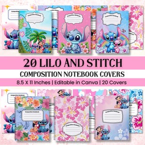 May include: A set of 20 Lilo and Stitch composition notebook covers. The covers display vibrant illustrations of Lilo, Stitch, and tropical designs. Each notebook measures 21.59 x 27.94 cm.