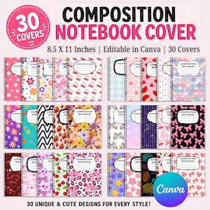 Composition Notebook Cover Bundle | 30 Editable Canva Covers | Cute Composition Notebook Templates | 8.5 x 11 Printable School Covers