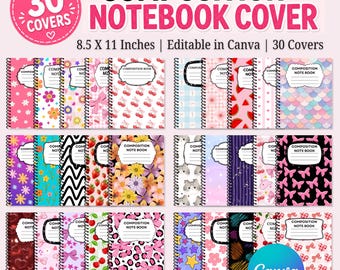 Composition Notebook Cover Bundle | 30 Editable Canva Covers | Cute Composition Notebook Templates | 8.5 x 11 Printable School Covers