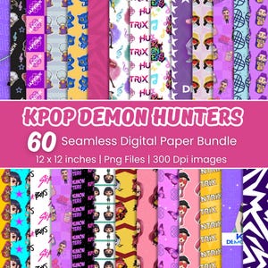 May include: A digital paper bundle featuring 60 seamless designs. The designs include K-pop-themed illustrations, musical notes, and geometric patterns. The bundle includes 12 x 12 inch images in PNG format.
