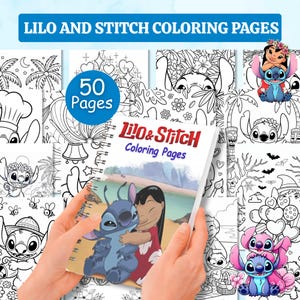 以下が含まれることがあります： 「Lilo & Stitch Coloring Pages」というタイトルのスパイラル綴じの塗り絵が、白黒の塗り絵のコレクションの前に掲げられています。表紙にはリロとスティッチが描かれています。この本は50ページと宣伝されています。