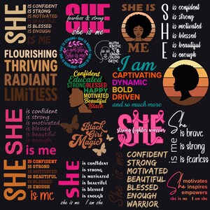 May include: A black graphic design with empowering words and phrases in various fonts and colors. The design includes the words "She is me," "Black Girl Magic," and "Strong Fighter Warrior," along with silhouettes of women.