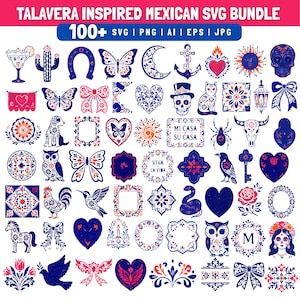 May include: A digital collection of over 100 Talavera-inspired graphic designs in SVG, PNG, AI, EPS, and JPG formats. The bundle features blue, orange, and pink illustrations including butterflies, skulls, hearts, animals, flowers, and text like Mi Casa Su Casa.