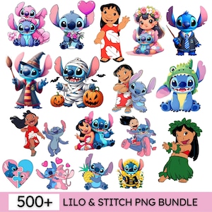 Puede incluir: Una colección de imágenes PNG coloridas con los personajes Lilo y Stitch en varias poses y atuendos. Las imágenes incluyen a Stitch sosteniendo un globo con forma de corazón, disfrazado de momia y con Lilo. El texto "500+ LILO & STITCH PNG BUNDLE" está en la parte inferior.