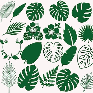May include: A collection of green tropical leaves and flowers in various shapes and sizes. The image includes monstera leaves, hibiscus flowers, and fern fronds, all in a flat, graphic style against a cream background. Ideal for tropical or botanical themes.