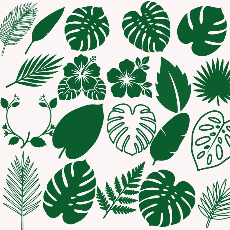 May include: A collection of green tropical leaves and flowers in various shapes and sizes. The image includes monstera leaves, hibiscus flowers, and fern fronds, all in a flat, graphic style against a cream background. Ideal for tropical or botanical themes.