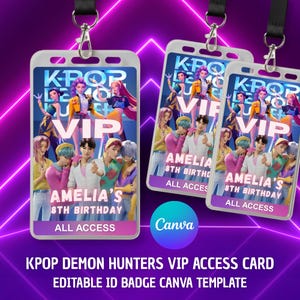 May include: Three white VIP access cards with black lanyards. Each card features a colourful graphic of a KPOP group and the text "VIP", "AMELIA'S 8TH BIRTHDAY", and "ALL ACCESS". The cards are set against a purple background.