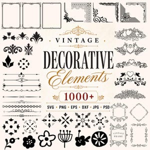 Könnte beinhalten: Eine Sammlung von Vintage-Dekorationselementen in Schwarz und Gold, darunter Rahmen, Bordüren, Verzierungen und florale Designs. Das Bild enthält den Text "Vintage Decorative Elements 1000+" und Dateitypoptionen.