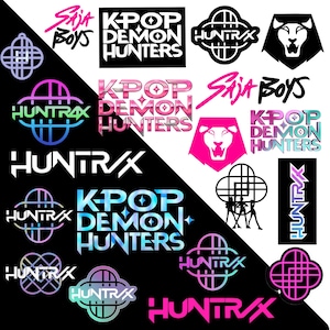 May include: A collection of logos with text and graphic elements. The logos feature the words "Saja Boys," "KPOP Demon Hunters," and "Huntrax" in various fonts and colors, including pink, white, and iridescent hues. Some logos include lion and geometric designs.