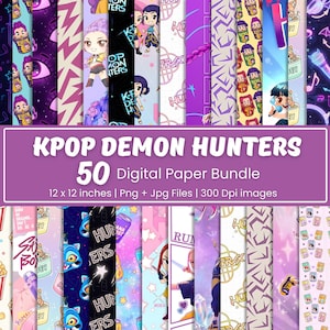 May include: A digital paper bundle featuring 50 unique designs with a K-Pop theme. The designs include illustrations of characters, patterns, and text. Each paper is 12 x 12 inches and comes in PNG and JPG formats, with 300 DPI resolution.