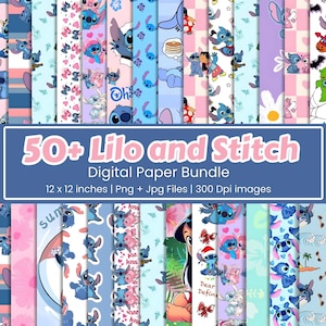 May include: A digital paper bundle featuring various designs with the characters Lilo and Stitch. The bundle includes over 50 different designs, each measuring 12 x 12 inches. The designs are in PNG and JPG formats, with a resolution of 300 DPI.