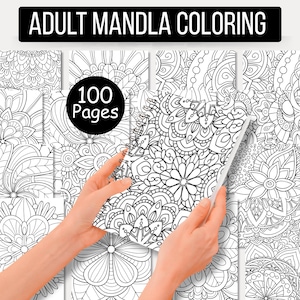 May include: A black and white adult mandala coloring book with 100 pages. The book is held open, revealing intricate floral and geometric designs. The text "ADULT MANDLA COLORING" is displayed at the top.