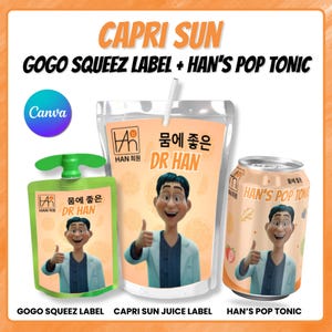 Może przedstawiać: Obraz reklamowy z trzema pojemnikami na napoje: zielonym woreczkiem GoGo Squeez, torebką z sokiem Capri Sun i puszką Han's Pop Tonic. Każdy pojemnik zawiera kreskówkową ilustrację mężczyzny z kciukiem w górę i koreański tekst.