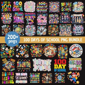 以下が含まれることがあります： 様々なデザインの「100 Days of School」というテキストが入った、カラフルなPNGグラフィックのコレクション。漫画のキャラクター、テキスト、イラストが含まれており、学校関連のプロジェクトに最適です。