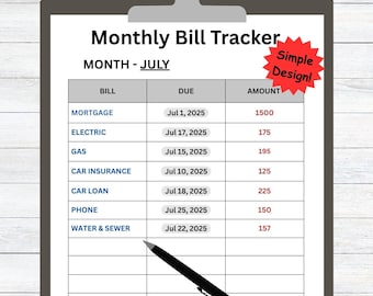 Monthly Bill Tracker Printable | Budget Planner Finance Organizer (PDF Download)